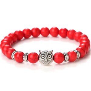 Owl Bracelet,Red Howlite Bracelet,Owl Stone Bracelet,8mm Beads